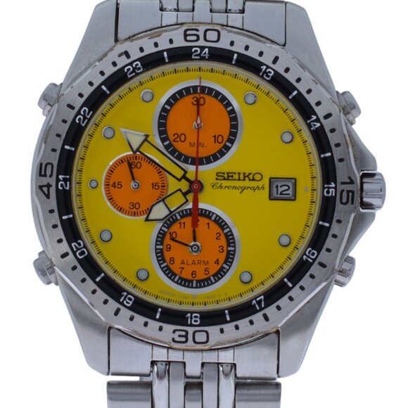 Rare Men's Seiko Alarm Chronograph 1998 Nagono Olympics Yellow Watch 7T32-7C70! - Picture 2 of 9